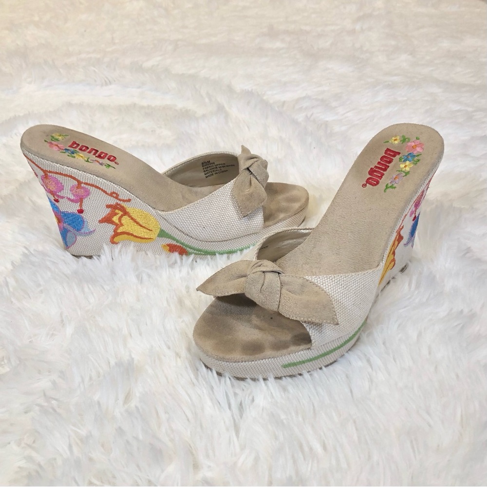Vintage Y2K Bongo Embroidered Textile Bow Tie Mule Wedges Sandals